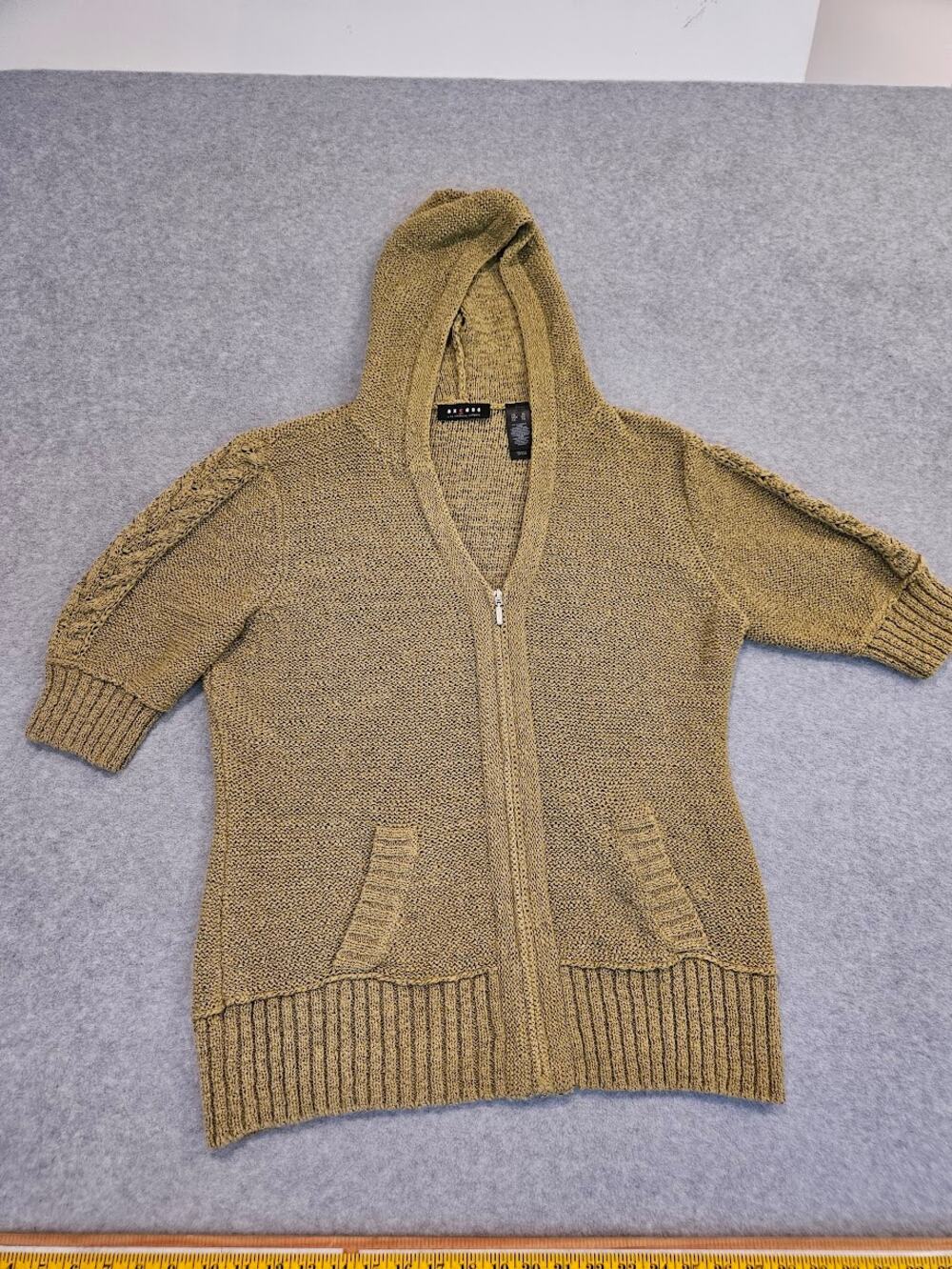 AXCESS Earthy Sage Green Cable-Knit Short-Sleeve Zip-Up Hooded Sweater